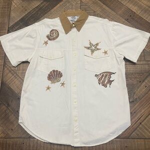 Nautical White Button Down Shirt with Brown Collar
